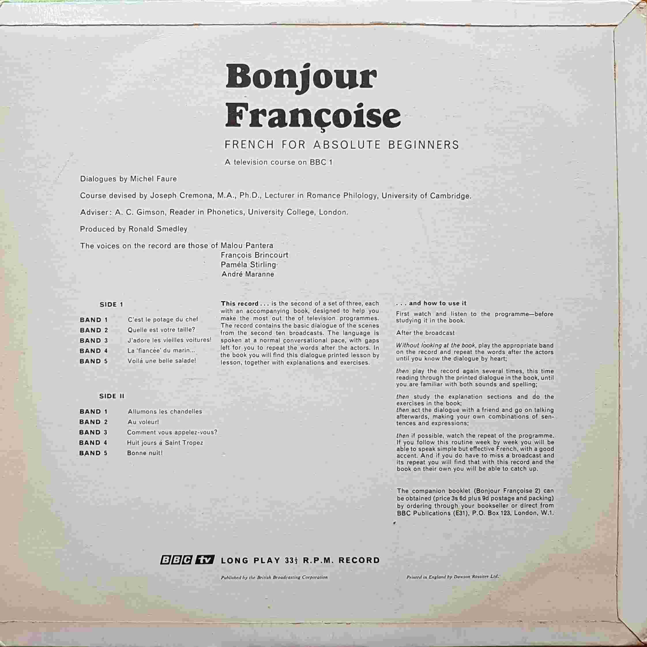 Picture of OP 43/44 Bonjour francoise - French for absolute beginners - Lessons 11 - 20 by artist Michel Faure / Joseph Cremona / A. C. Gimson from the BBC records and Tapes library